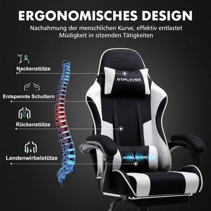 GTPLAYER Gamingstoel, bureaustoel, ergonomische pc-stoel, gamingstoel met massagesteun, task stoelen met voetensteun en hoofdsteun, witte stof
