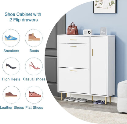 Schoenenkasten, wit, met 2 kleppen, schoenenkast, schoenenrek met 1 lade en 1 deur, smal met verstelbaar rek, voor 14-18 paar schoenen, voor ingang, hal, woonkamer