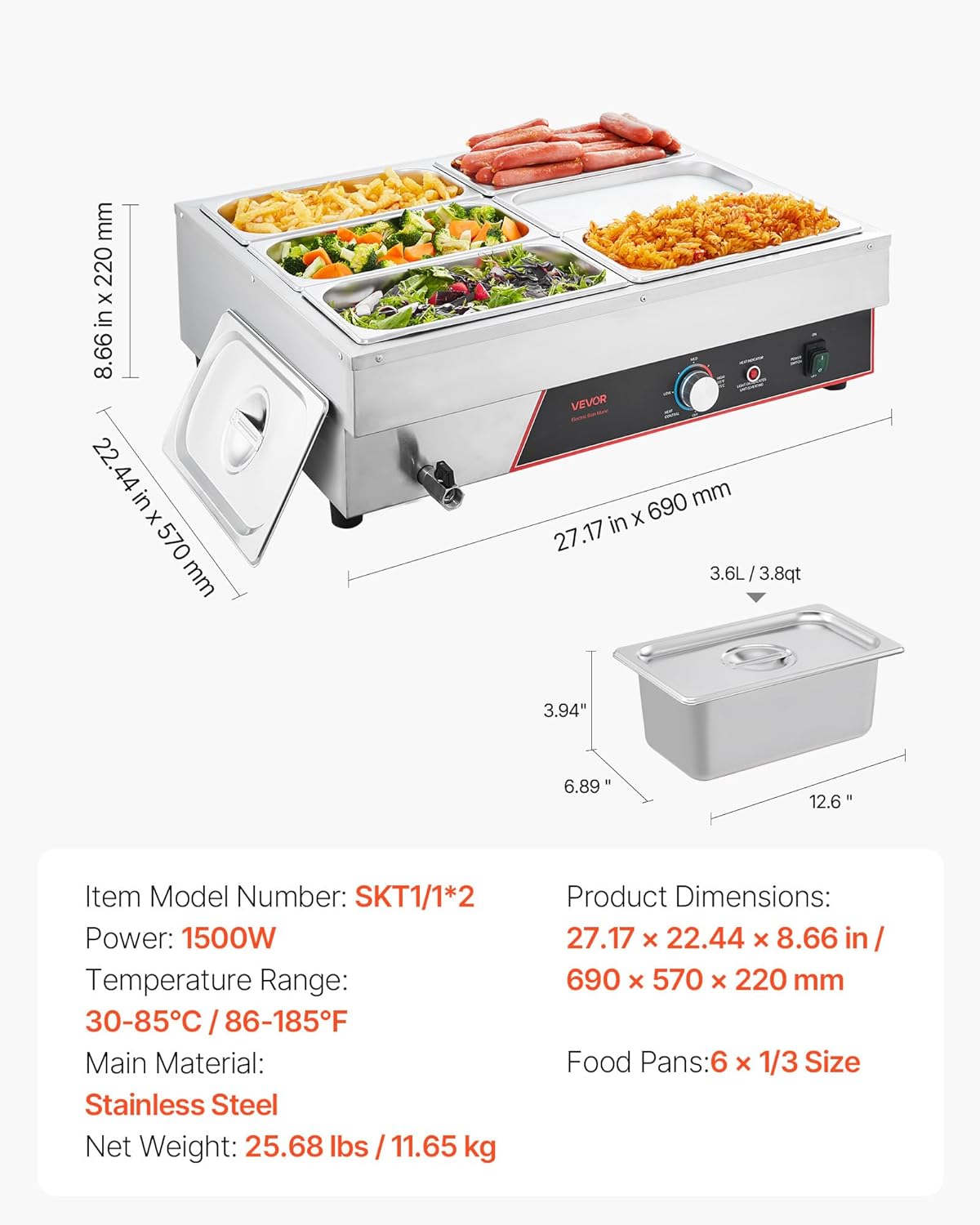 VEVOR Voedselwarmer met 6 containers van 1/3 formaat en netsnoer, roestvrij staal, 1500 W, voor waterbad, restaurants, feestjes en buffetten, 690 x 570 x 220 mm