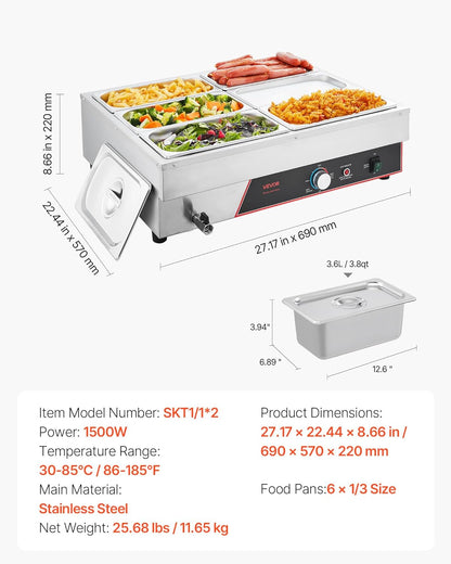 VEVOR Voedselwarmer met 6 containers van 1/3 formaat en netsnoer, roestvrij staal, 1500 W, voor waterbad, restaurants, feestjes en buffetten, 690 x 570 x 220 mm