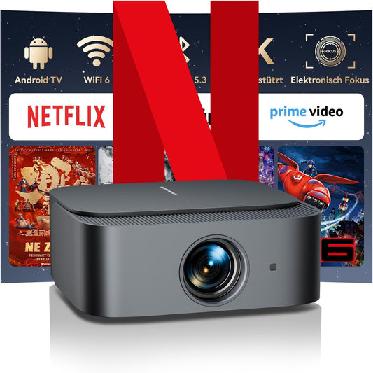 Beamer 4K Official Netflix & Remote Focus/trapeziumcorrectie, 25000 lumen, 4K thuisbioscoop, ondersteunt wifi, Bluetooth smart projector, Full HD 1080P, videoprojector Android met YouTube/Prime Video