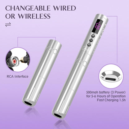 EZ Draadloze Tatoeage Machine - Permanente Makeup Tatoeage Pen Machine met 3 stuks Batterijvoeding voor Tatoeëerder en Tatoeage Beginner (LOLA AIR Zilver)