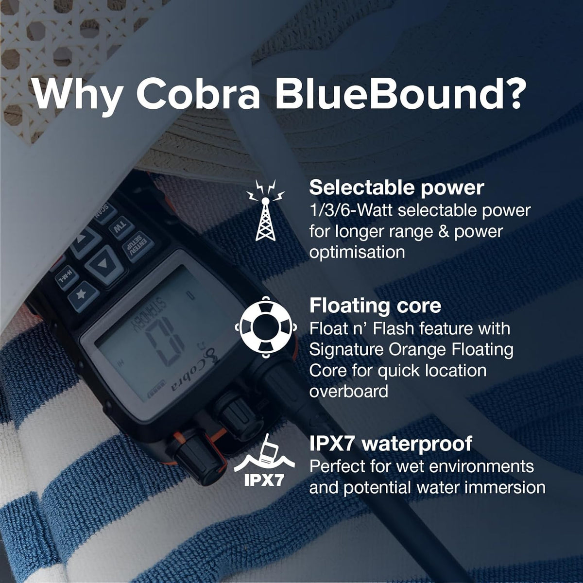 Cobra BlueBound 350 Handheld Zwevende VHF Marine Radio - 6 Watt, Float n ' Flash, IPX7 Waterdicht, Dompelbaar, Dag/Nacht LCD-display, Geheugenscan, Tri-Watch, Zwart