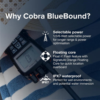 Cobra BlueBound 350 Handheld Zwevende VHF Marine Radio - 6 Watt, Float n ' Flash, IPX7 Waterdicht, Dompelbaar, Dag/Nacht LCD-display, Geheugenscan, Tri-Watch, Zwart