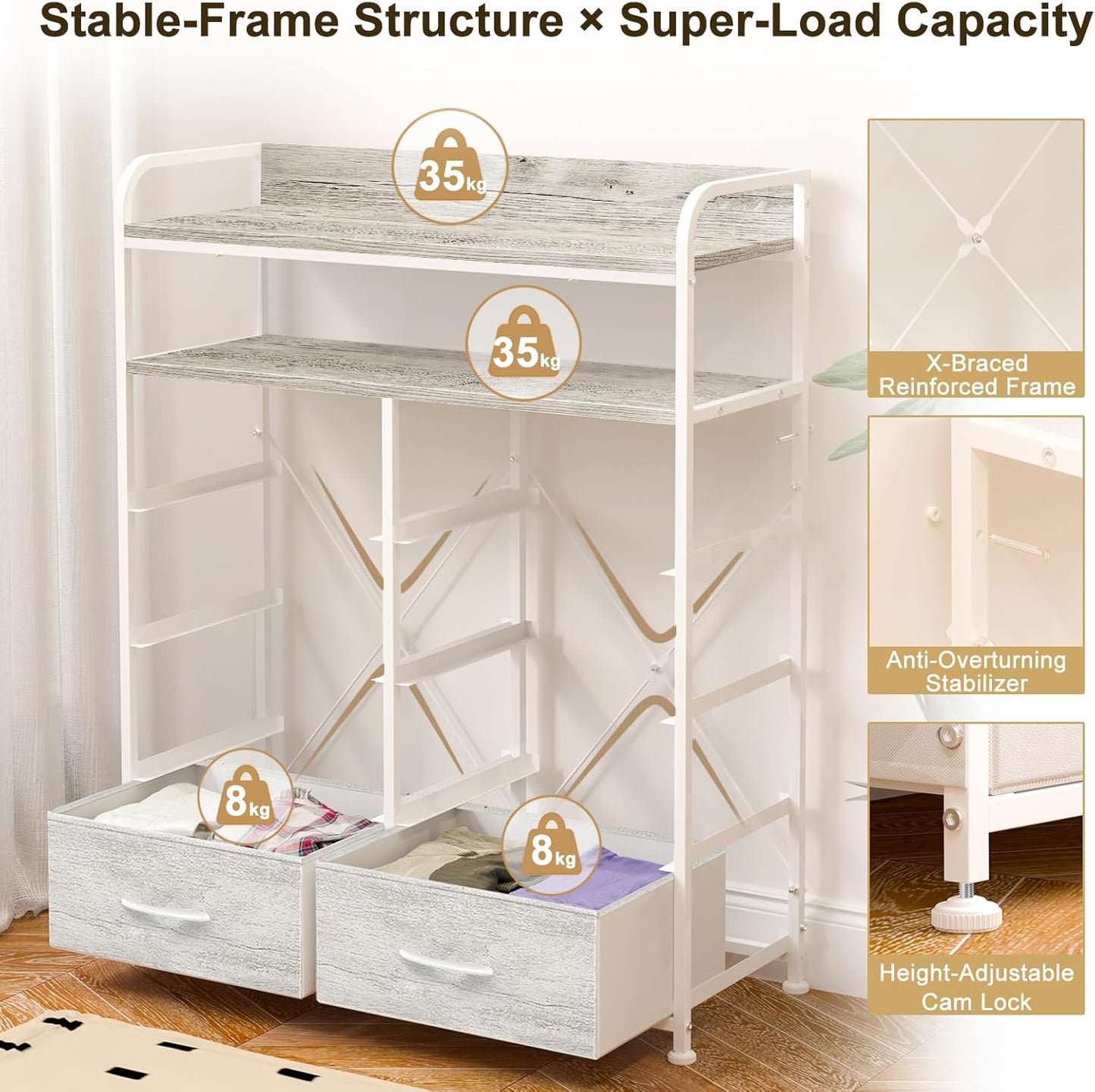 Ladekast – Dressoir – Opbergkast – Nachtkastje – Kast met 8 Stoffen Lades – 2-laags Houten Planken – Robuust Metalen Frame – White Oak