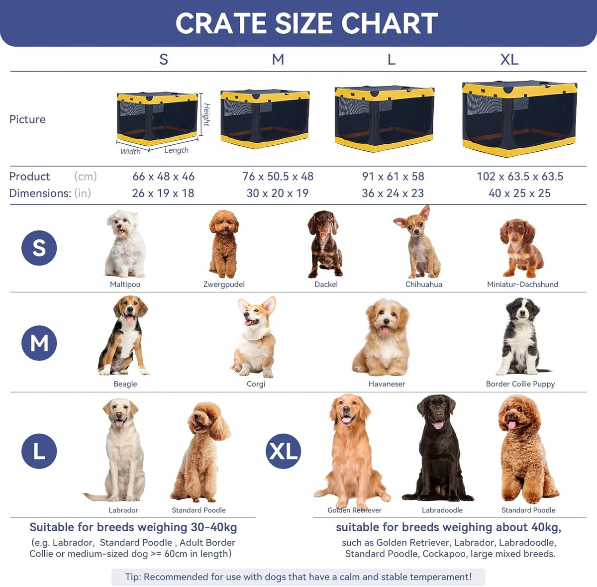 A 4 Pet Grote hondenkrat, 91,4 cm zachte hondenreiskrat voor middelgrote tot grote honden, opvouwbaar hondenkrat met verstelbaar stalen frame en wasbare stoffen hoes, geel