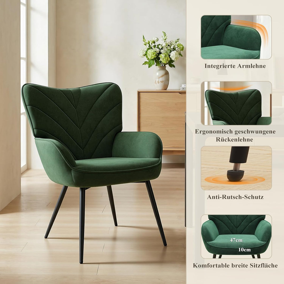 COLAMY Woonkamerstoel, fluwelen beklede relaxstoel met hoge rugleuning, gevoerde comfortstoel met Wingback-design, lounge stoel met houten poten voor woonkamer, leeshoek, groen