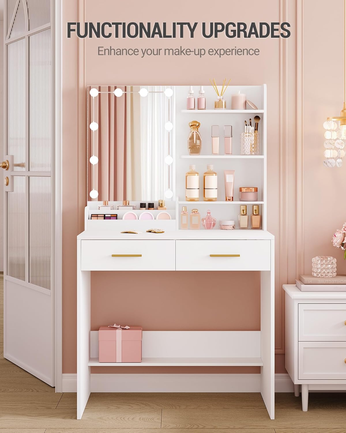 Hzuaneri Dressing Table with Mirror and 10 LED Lighting, Makeup Table with 4 Open Storage Shelves and 2 Compartments, Dressing Table with 2 Drawers, for Bedroom, Living Room, White DT39203XV1