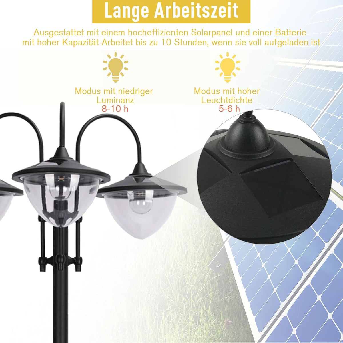 Solar Tuinlamp – Solar Buitenlicht – Solar LED Lamp – Solar Tuinverlichting – Driekoppige Lamp Met Bloempotvoet – Waterdicht – Roestvrij Staal – 60x55x189 cm
