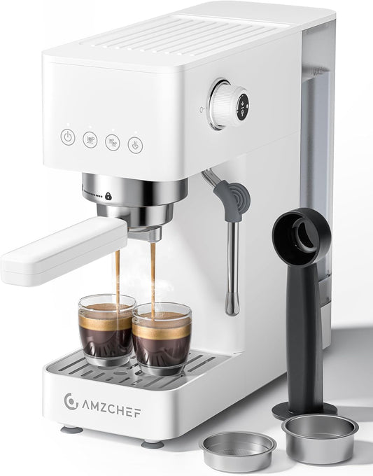 AMZCHEF Zeefdragermachine, 20 bar, espressomachine met professionele melkopschuimer, klein koffiezetapparaat, espresso voor cappuccino, latte en macchiato, 1,5 l watertank, wit