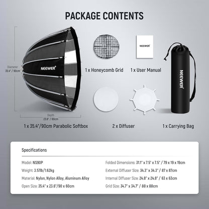 Diepe Parabolische Softbox – Studio Softbox – Flitssoftbox – Videosoftbox – Bowens Mount – 90 x 60 cm – 2 Diffusers En Honingraatrooster