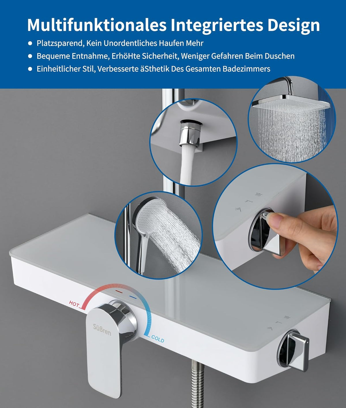 Doucheset Chroom – Douche Systeem – Regendouche – Handdouche – Douchestang – Verstelbare Hoogte – 360° Draaibare Regendouche – Grote Glazen Plank 35x14 cm