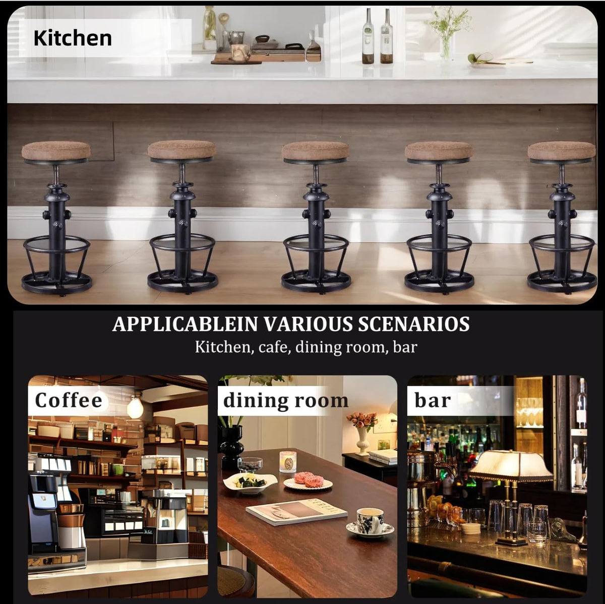 Industriële barkrukken-Swivel Pu Seat-Vintage Kitchen Island Kruk-Counter Bar Hoogte Verstelbaar 25-31 "Voetsteun