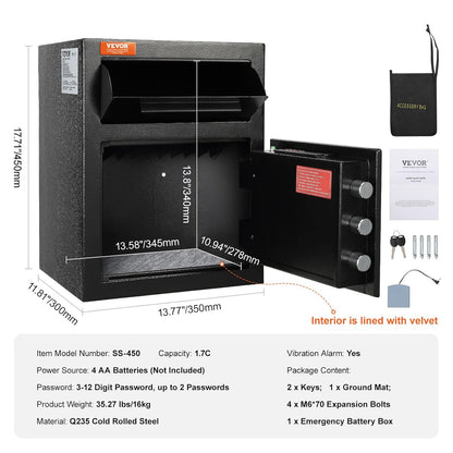 VEVOR 1.7 Cub Depository Safe, Deposit Safe with Drop Slot, Electronic Code Lock and 2 Emergency Keys, 17.71" x 13.77" x 13.77" Business Drop Slot Safe for Cash, Mail in Home, Hotel, Office