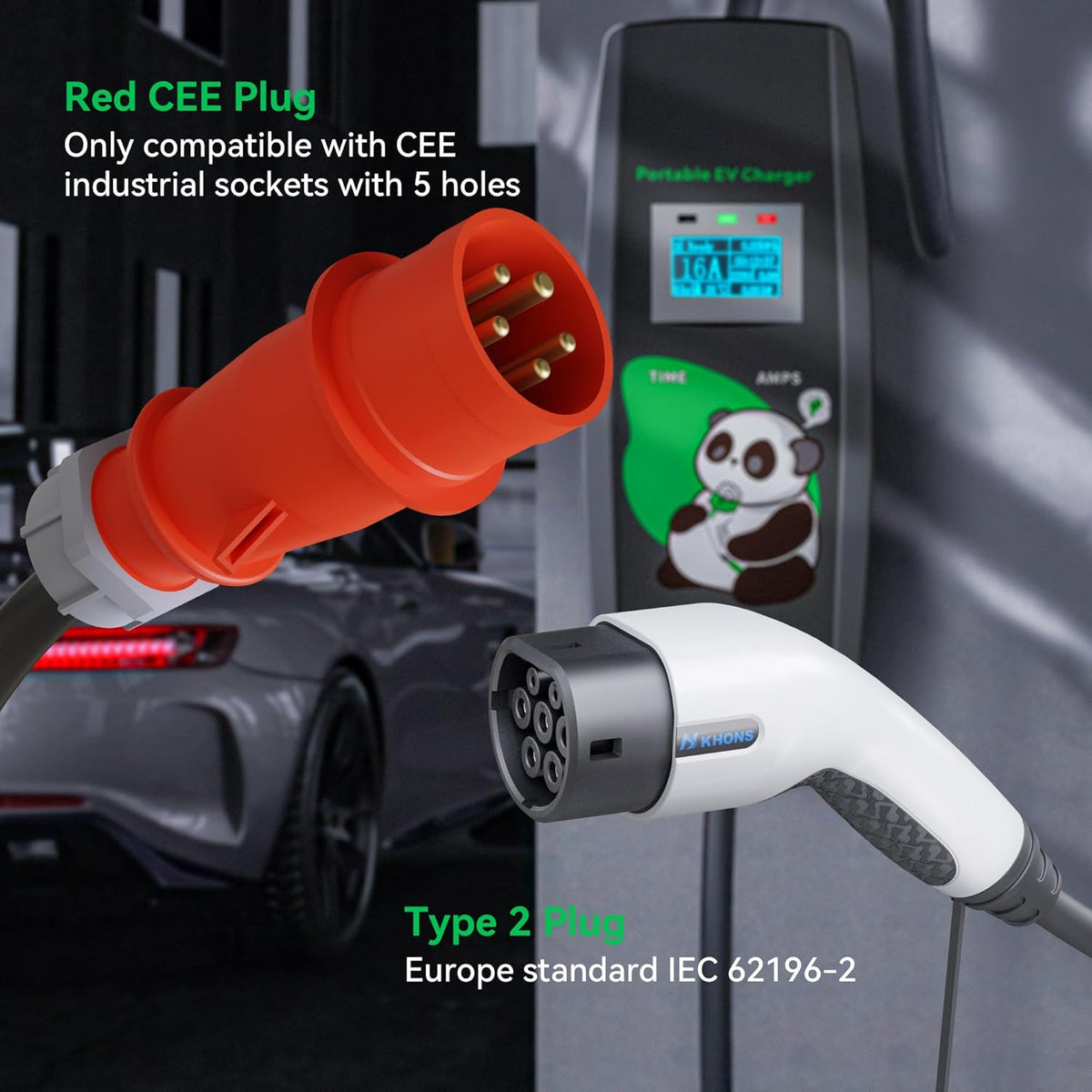 Mobile Wallbox 11KW met plug & play, 5 m, 16 A, 3-fase, instelbare stroom & timer, type 2 oplaadkabel met CEE-stekker, draagbare e-auto-oplader voor IEC 62196-2