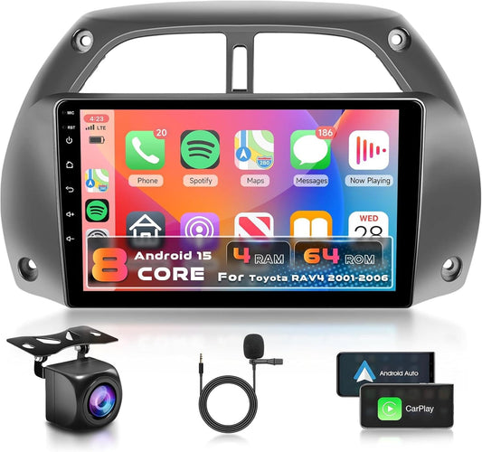 Inefala Android 15 Qualcomm 8 Core 4+64G Autoradio voor Toyota RAV4 2001-2006 met draadloze Carplay, 9'' touchscreen met Android Auto Mirror Link FM/RDS-radio GPS WIFI Bluetooth SWC achteruitrijcamera