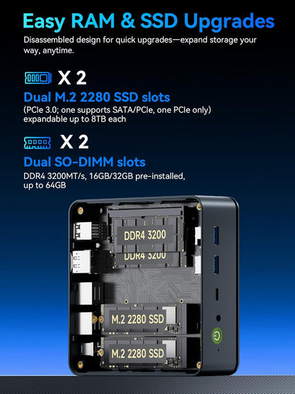 GMKtec AMD Ryzen 7 Mini PC W-11 Pro 7730U(Schlagen Sie Ryzen 7 5825U) (8 C/16 T4,50 GHz), M5 Ultra Dual LAN 2.5G Mini Computer, 32GB DDR4 RAM+1TB PCIe-SSD, WiFi 6, USB 3.2, USB-C, BT 5.2, DP, HDMI