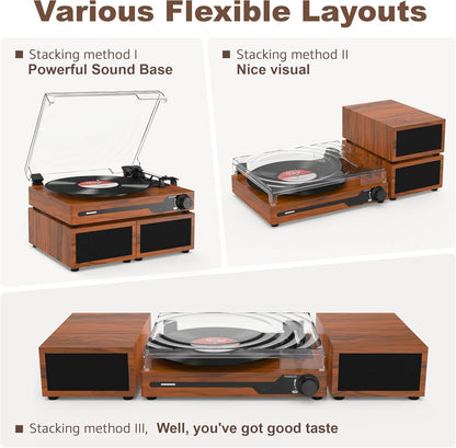 Platenspeler - Geïntegreerde Luidsprekers - Vintage Fonograaf - met Bluetooth 5.3 Ondersteunt - 2 Dubbele Stereoluidsprekers - 3 Snelheden - AUX - RCA - USB - Draadloos Afspelen - Hout - Bruin