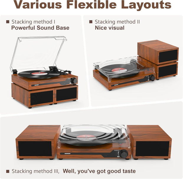 Platenspeler - Geïntegreerde Luidsprekers - Vintage Fonograaf - met Bluetooth 5.3 Ondersteunt - 2 Dubbele Stereoluidsprekers - 3 Snelheden - AUX - RCA - USB - Draadloos Afspelen - Hout - Bruin