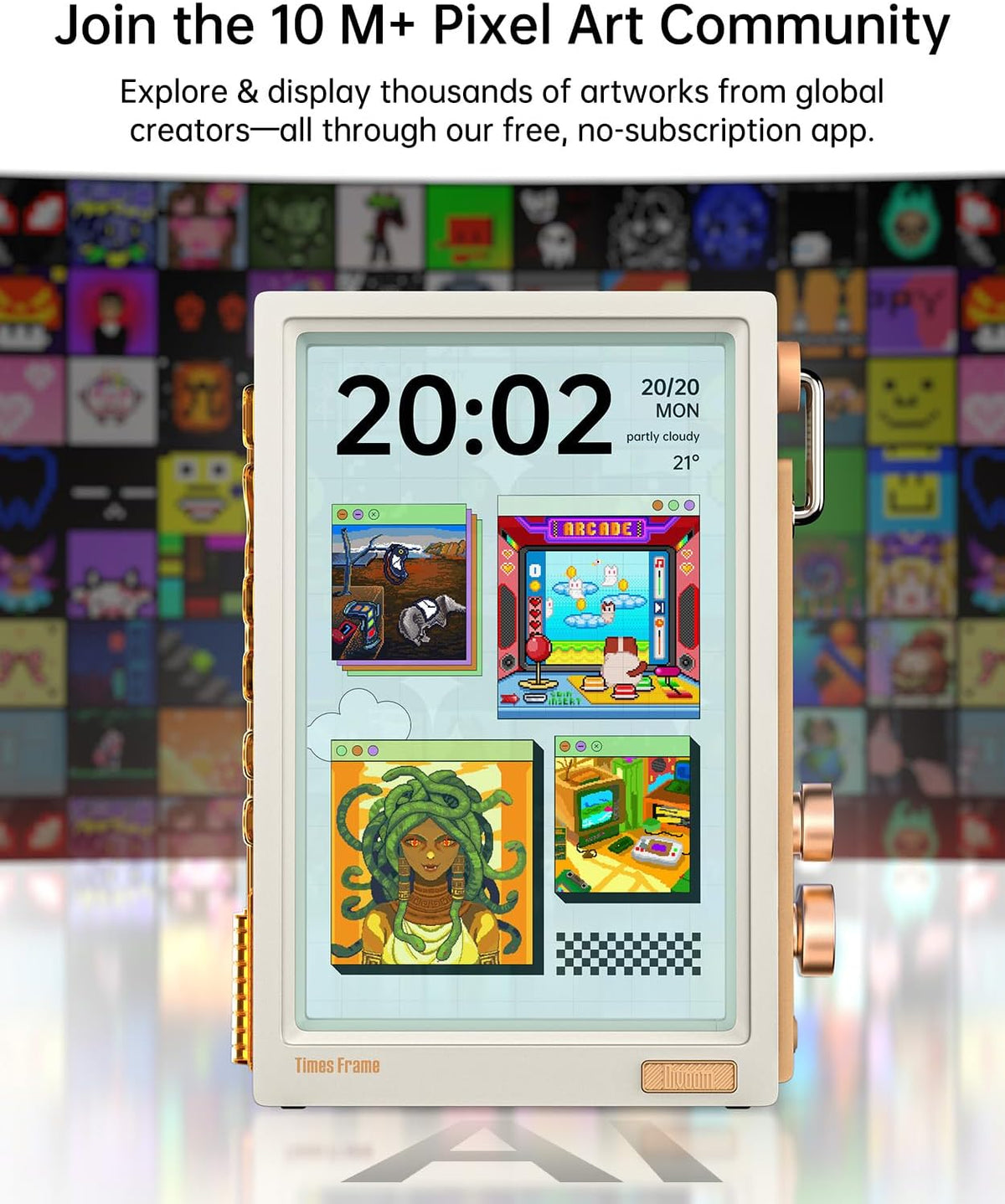 Divoom Times Frame Transparante digitale fotolijst (10,1 inch) met wifi en 64 GB, IPS-display met zwevend effect en RGB-draaiknop, 400+ wijzerplaten, widgets en pixel-art community (wit)
