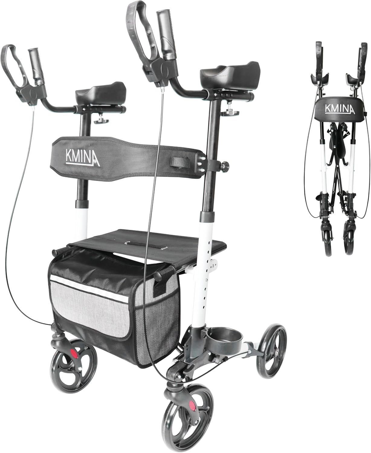 KMINA - Rollator met Armschalen en Zitje, Opvouwbaar voor Senioren, Aluminium voor Binnen- en Buitengebruik, met Mandje