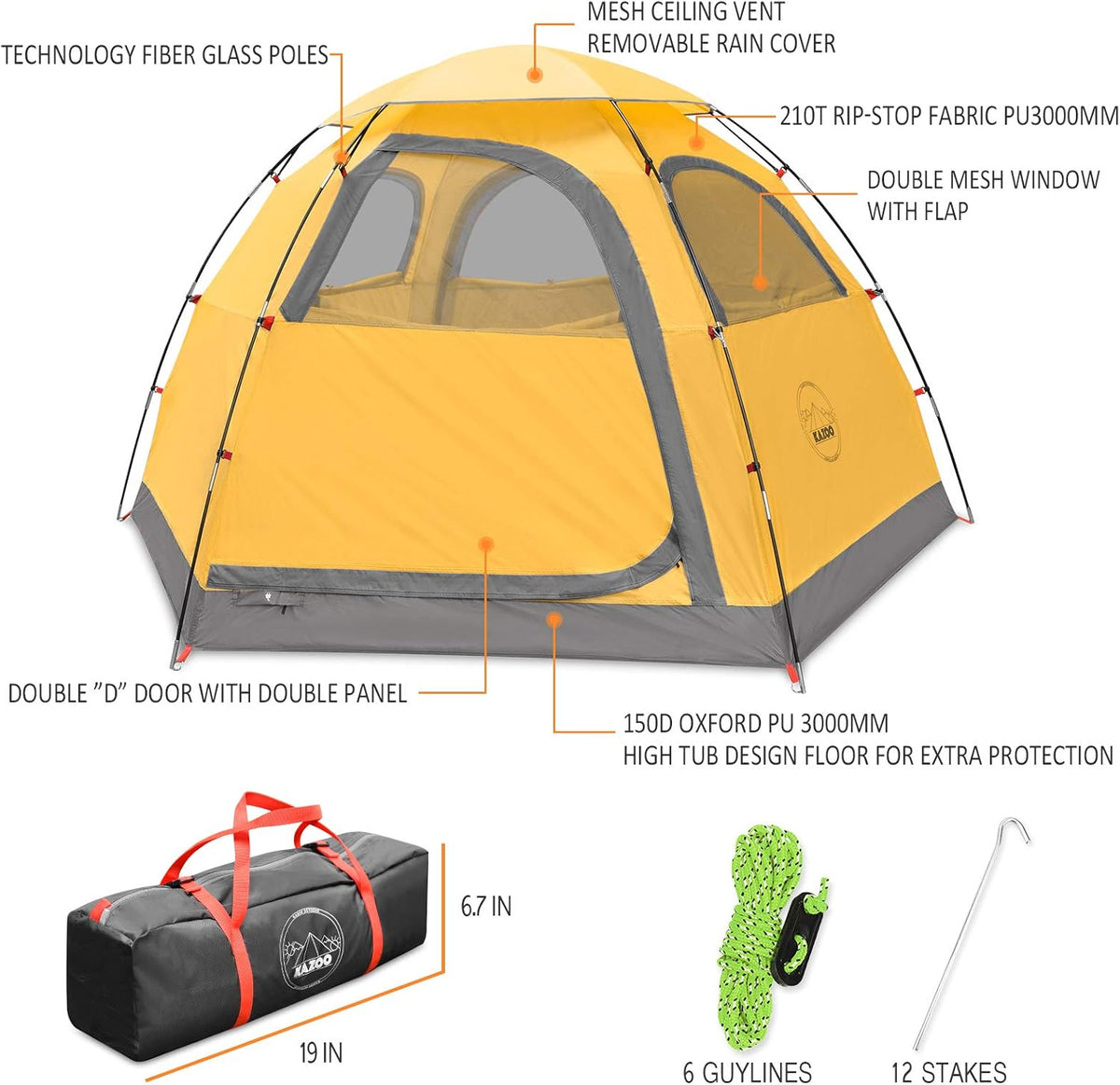 KAZOO Outdoor campingtent voor het hele gezin, duurzame waterdichte campingtent, eenvoudige installatie, tent voor twee personen, zonwering voor 2/3/4 personen