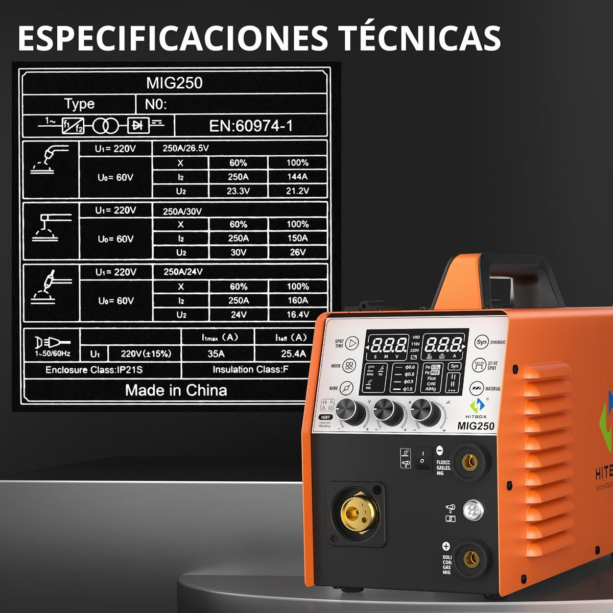 HITBOX 6-in-1 MIG Lasmachine Gas/Gasloos 250A 230V Digitale MIG Inverter met LED Display, Geschikt voor Flux & Massieve Draad, MIG/ARC/Lift TIG, Aluminium Lassen (MIG250)