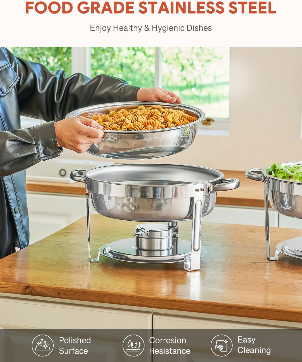 Wilprep Chafing dish rond 5 liter, Buffet set van 4, RVS voedselwarmer kit, Bain Marie Ø 34 cm met brandpasta houders, voor restaurant catering partijen bruiloften picknicks feest