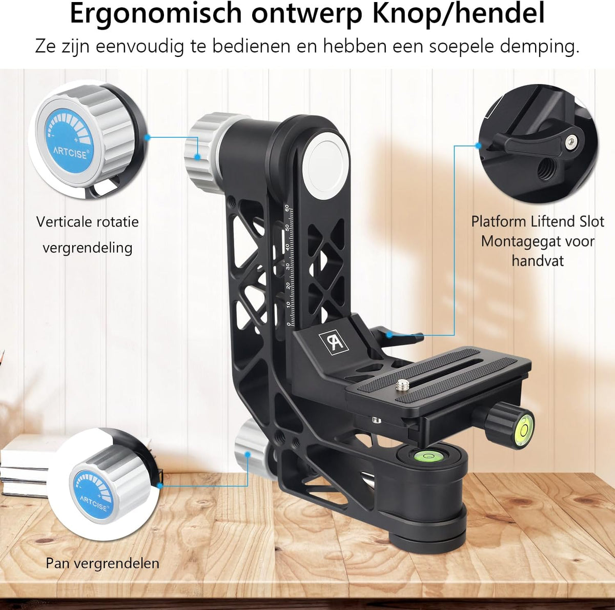 ARTCISE gimbal statiefkop met handvat, GH7 draagbare lichtgewicht heavy duty koppen met standaard 1/4 '' quick release plaat en bubbelniveau voor DLSR camera statief, max belasting 25kg