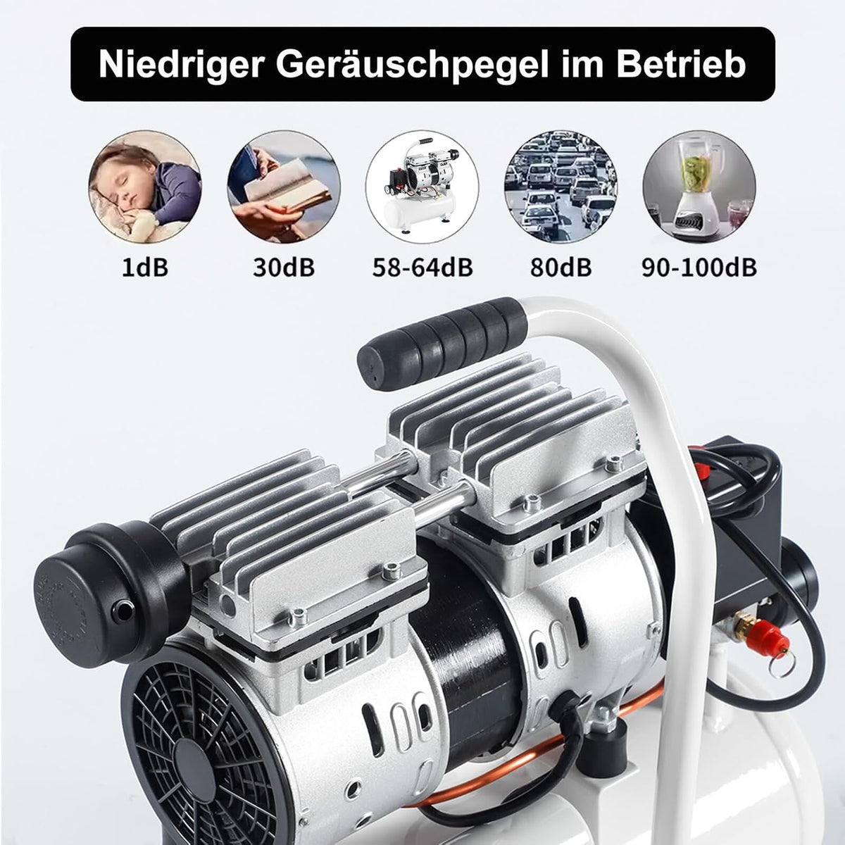 Fluistercompressor – Olievrije Compressor – Stille Luchtcompressor – Persluchtcompressor – Compressor Ketel – 9 Liter – 550 W – Ultra Stil 58 dB