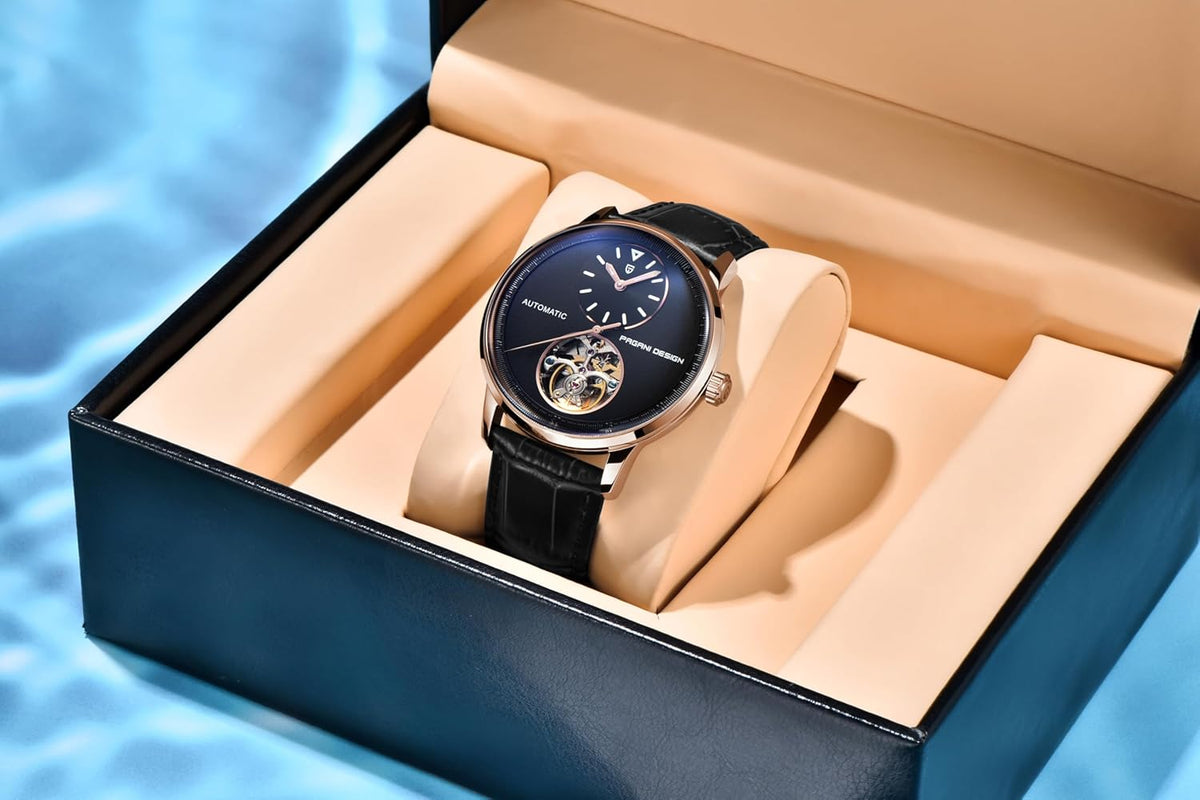 Pagani Design Mechanisch automatisch horloge voor heren, mechanisch visiewerk, behuizing 42 mm van staal 316L armband van PU-leer, waterdicht, 100 m (10 ATM), saffierglas