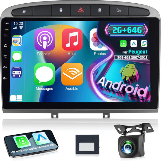 [2+64G]Android 13 Autoradio voor Peugeot 308 408 2007-2015 met Wireless Carplay & Android Auto - 9 Inch Touchscreen Autoradio met WiFi GPS Mirror Link DSP FM/RDS Radio SWC + AHD Achteruitrijcamera