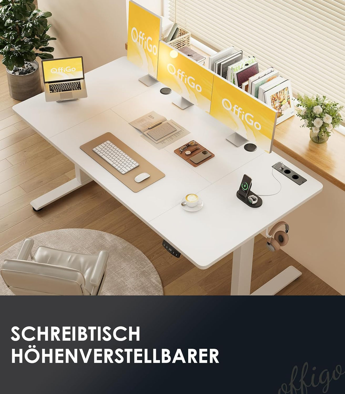 OffiGo Bureau Assis-Debout, 160 cm Elektrisch Bureau met Stopcontacten en USB, Standing Desk met 2 Geheugenstanden, Elektrische Tafel voor Thuis, Wit