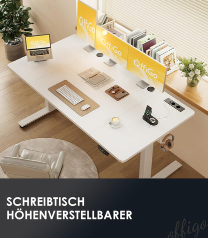 OffiGo Bureau Assis-Debout, 160 cm Elektrisch Bureau met Stopcontacten en USB, Standing Desk met 2 Geheugenstanden, Elektrische Tafel voor Thuis, Wit