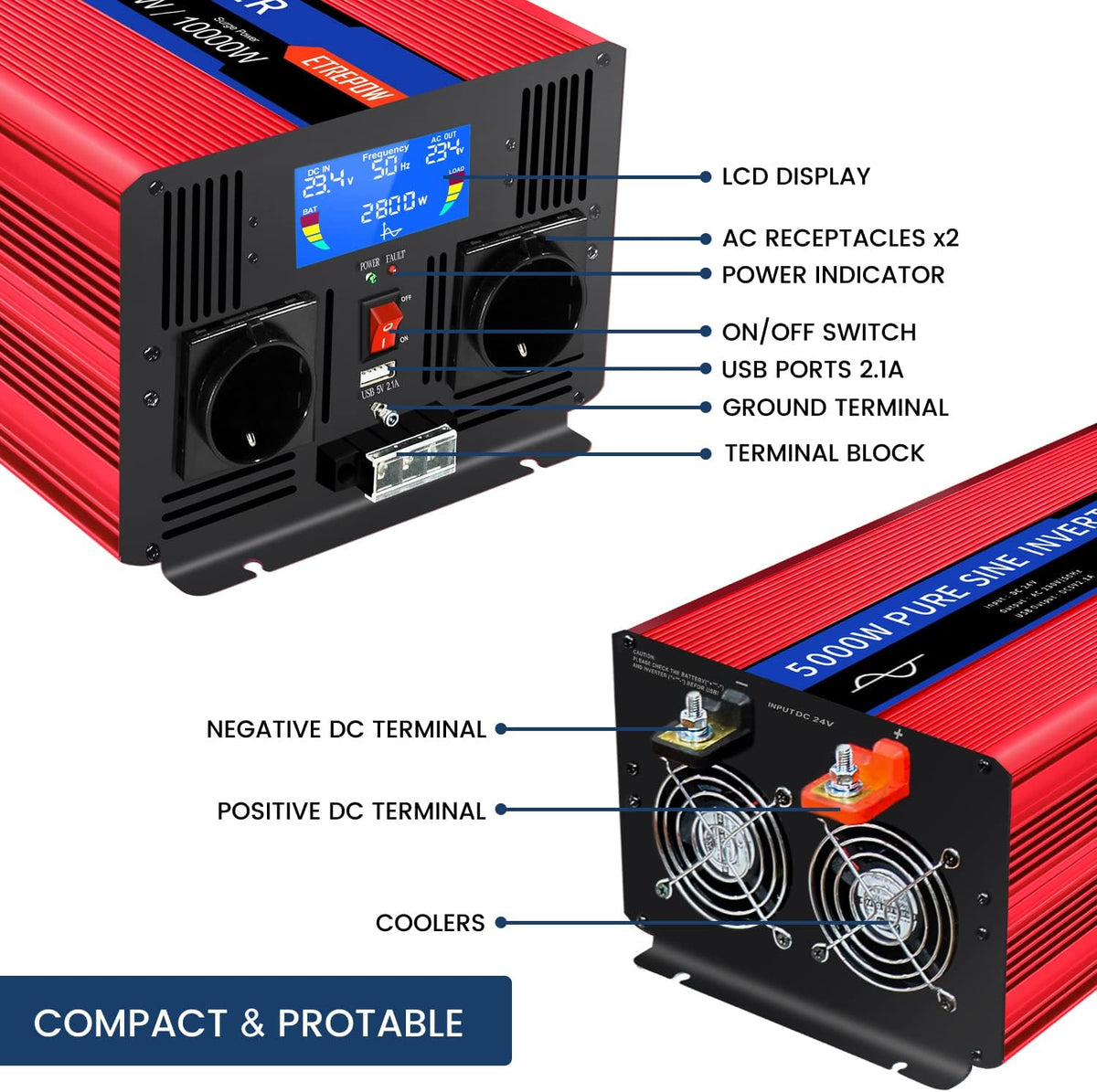 5000w Spanningsomvormer 24v 230v Zuivere Sinusomvormer met 2 EU-aansluitingen en USB, draadloze afstandsbediening, LCD-scherm