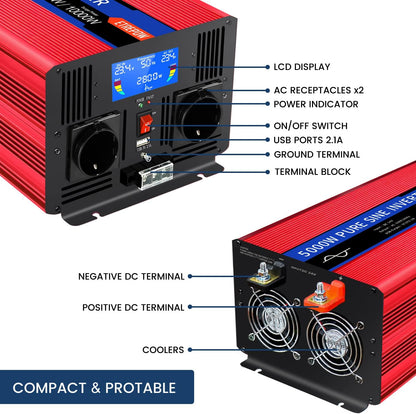 5000w Spanningsomvormer 24v 230v Zuivere Sinusomvormer met 2 EU-aansluitingen en USB, draadloze afstandsbediening, LCD-scherm