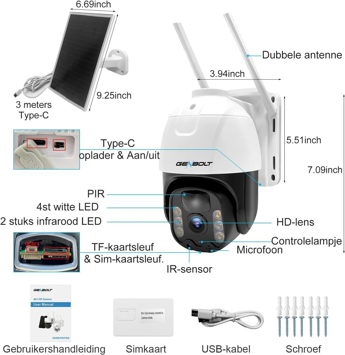 4G LTE Bewakingscamera Buiten Draadloos met SIM – Beveiligingscamera – Buitencamera – IP-Camera – PTZ-Camera – 8W Zonnepaneel – PIR-Bewegingsdetectie met Kleurennachtzicht