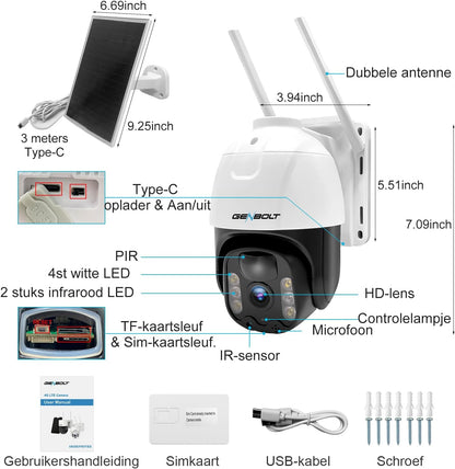 4G LTE Bewakingscamera Buiten Draadloos met SIM – Beveiligingscamera – Buitencamera – IP-Camera – PTZ-Camera – 8W Zonnepaneel – PIR-Bewegingsdetectie met Kleurennachtzicht