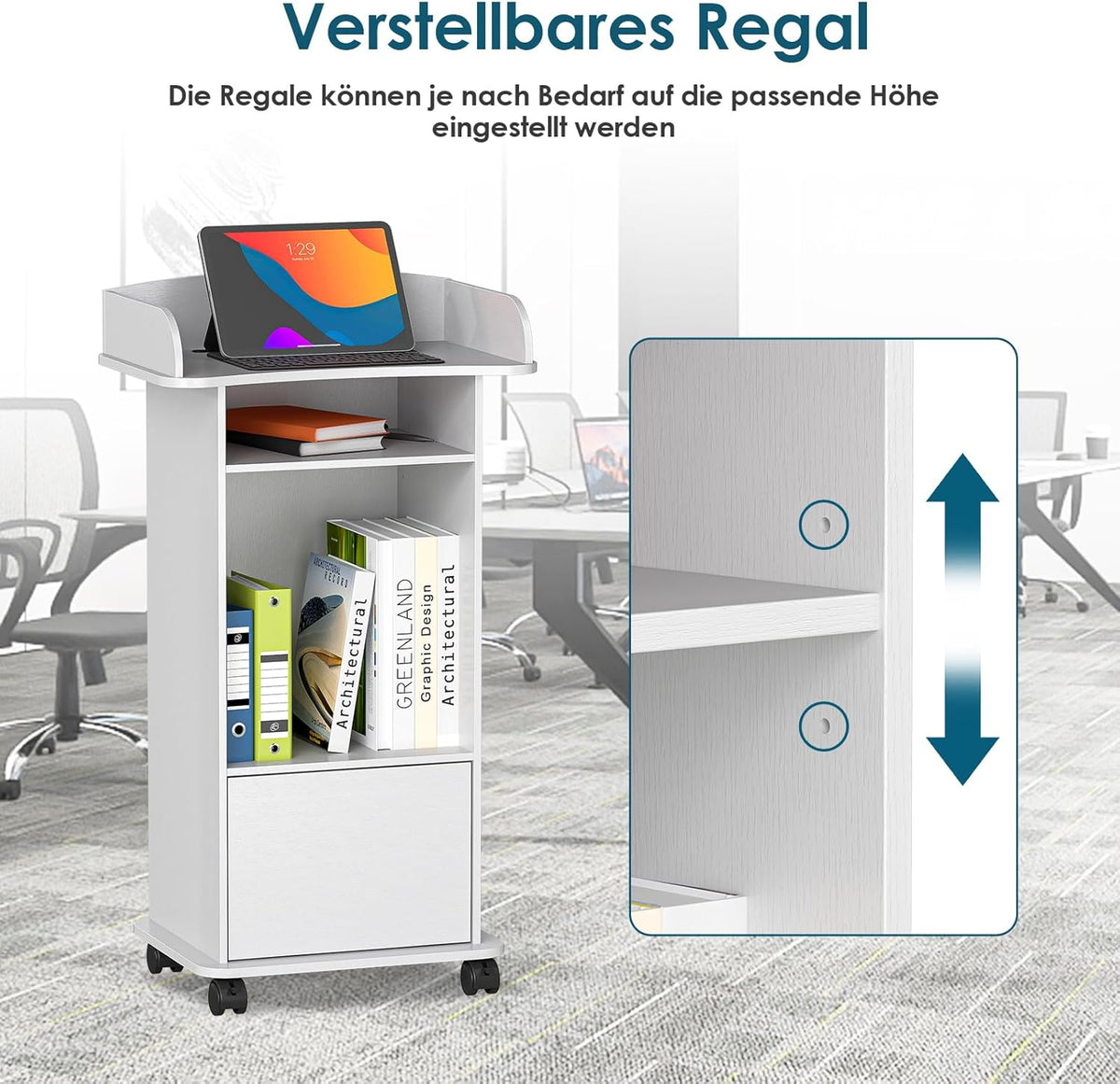 Sta-bureau, podiumstandaard met lade, sprekerbureau van hout met wieltjes, houten podium met meertraps plank voor scholen, huizen, seminars en kerken, wit (60 x 40 x 101 cm)