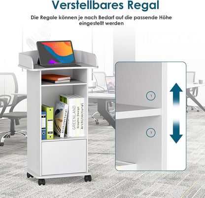 Sta-bureau, podiumstandaard met lade, sprekerbureau van hout met wieltjes, houten podium met meertraps plank voor scholen, huizen, seminars en kerken, wit (60 x 40 x 101 cm)