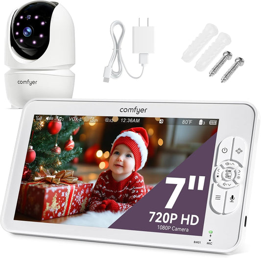 Babyfoon met 1080p camera, 7 inch, 720P HD-video, babymonitor met camera zonder wifi, 6000 mAh batterij, IR-nachtzicht, groothoeklens, 2-weg audio, vox-modus, 300 m bereik