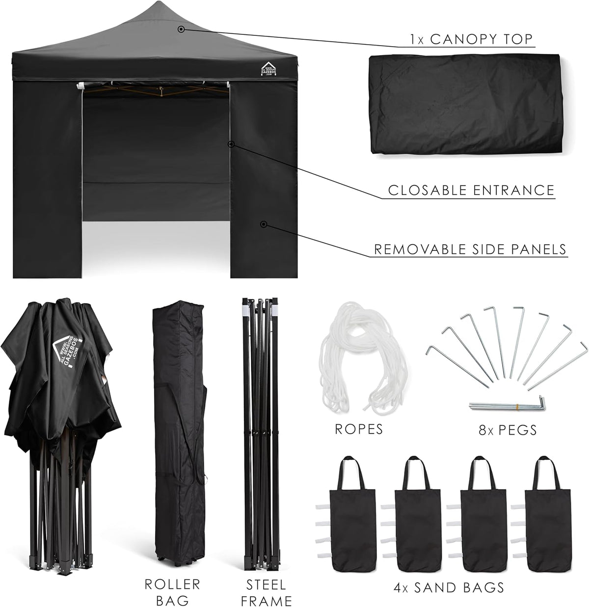 All Seasons Gazebos Robuust vouwpaviljoen, volledig waterdicht, met 4 zijwanden en accessoireset, zwart, 3 x 3 m