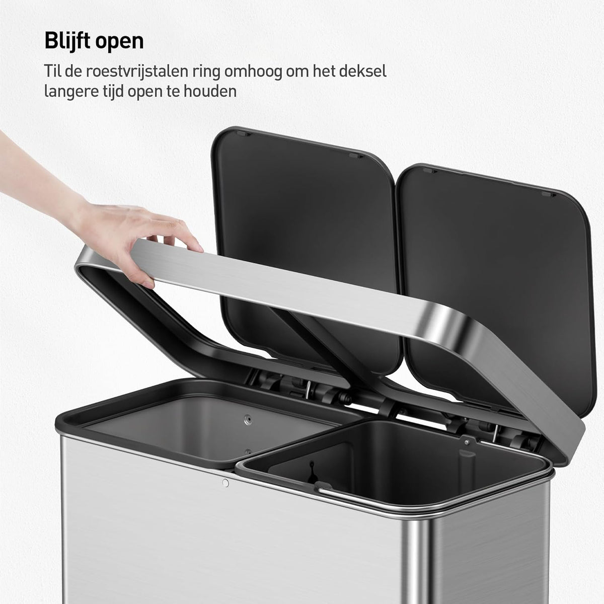 EKO Deluxe Prullenbak 2 Vakken, 40 + 28 liter, Recyclebare Vuilnisemmer, 12 vuilniszakken, Afvalscheiding met uitneembare binnenemmer, duurzame pedalen, soft closing, Vingerafdrukbestendig