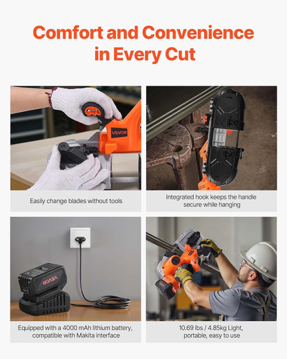 VEVOR 20 V cordless band saw, 65 x 65 mm cutting depth, metal band saw with brushless motor, 4000 mAh battery and charger, 0-192 m/min variable speed, ideal for cutting metal and wood