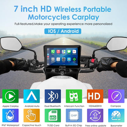 Carpuride W702 Pro motorfiets Carplay scherm met intercomfunctie, draadloze CarPlay en Android auto, draagbaar waterdicht 7 inch touchscreen, verbeterde dual bluetooth, navigatie, kompas.