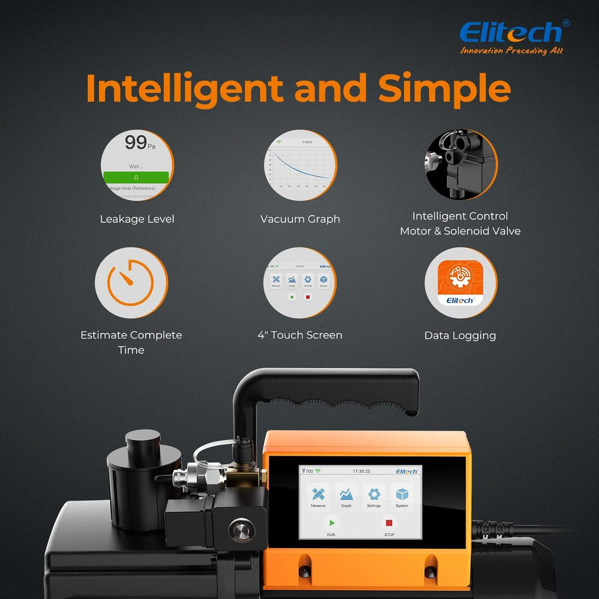 Elitech V700 Vacuum Pump 7 CFM – 2-Stage Intelligent HVAC Pump with Touch Screen, App Control and Additional Vacuum Gauge for Precise Leak Test - QUORE