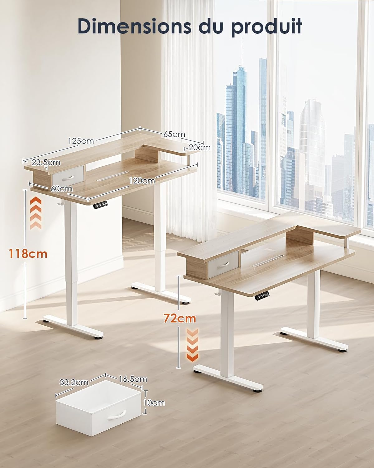 OffiGo Height Adjustable Desk, One-Piece Tabletop, 120x60 Electric Desk with L Monitor Holder, Standing Desk with Drawer, Standing Desk with USB, Ergonomic Computer Desk, Beige - QUORE