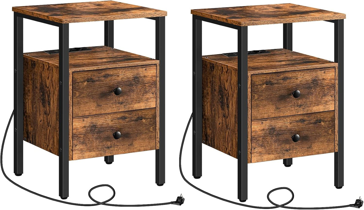 HOOBRO Nachttafels met laadstation, set van 2, bijzettafels, banktafels met 2 laden, salontafels met USB-poorten voor woonkamer, slaapkamer, 40 x 40 x 61 cm, vintage EBF43CBZP201