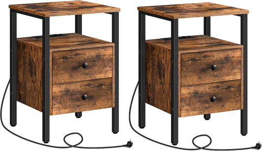 HOOBRO Nachttafels met laadstation, set van 2, bijzettafels, banktafels met 2 laden, salontafels met USB-poorten voor woonkamer, slaapkamer, 40 x 40 x 61 cm, vintage EBF43CBZP201