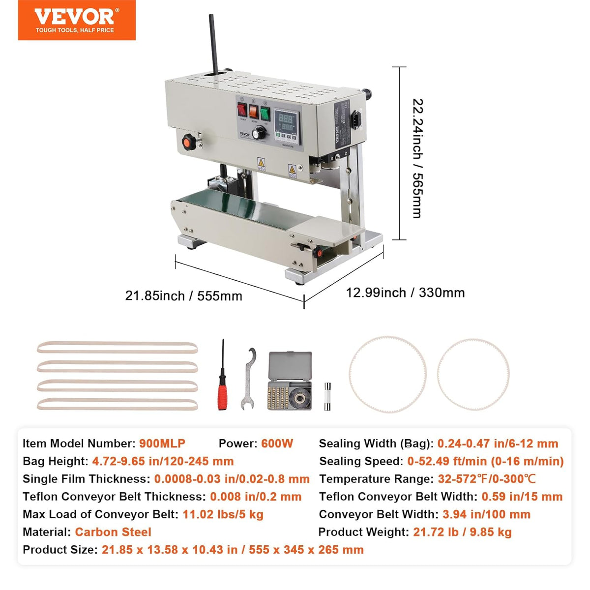 VEVOR Continuous bag sealing machine, sealing width 6-12mm, carbon steel vertical tape sealer with digital temperature control, for films plastic bags 0.02-0.8mm